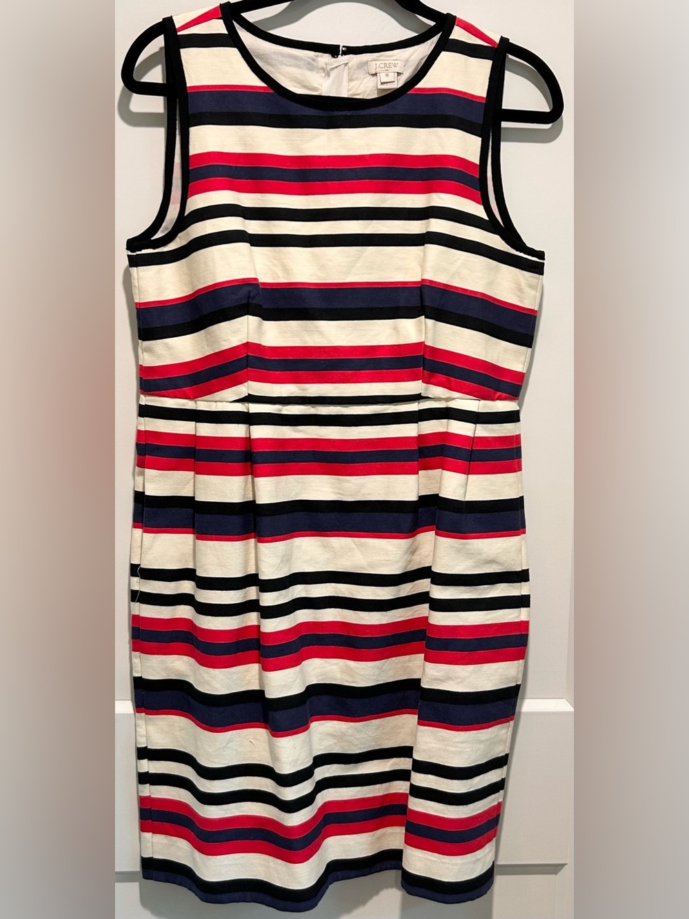 J.Crew Red Navy Ivory Stripe Fit & Flare Dress Sleeveless Pockets 8 - Picture 3 of 10
